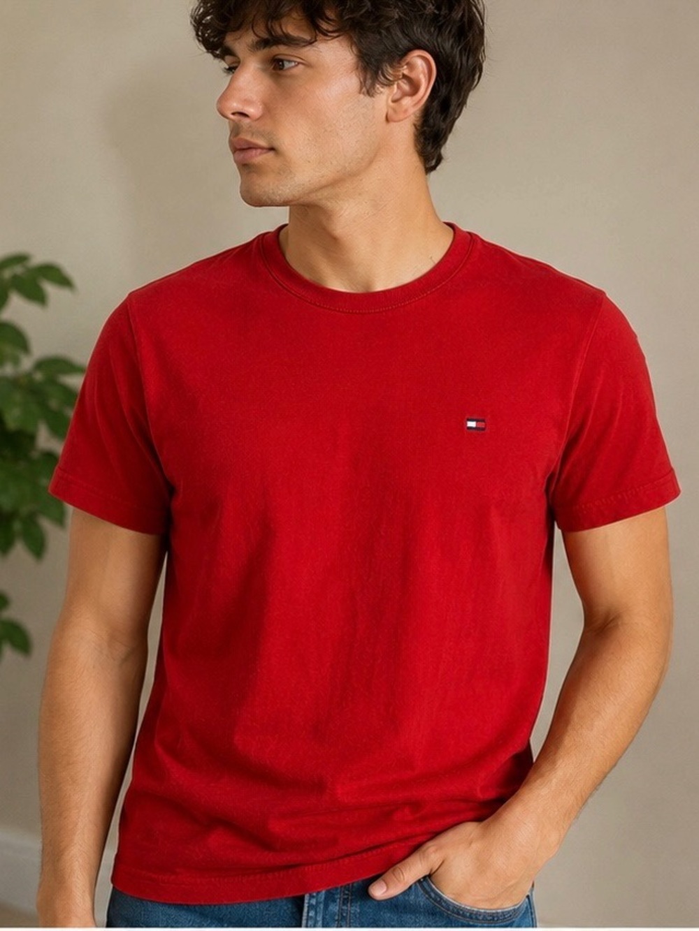Tommy Hilfiger Men's Red Short Sleeve Crew Tee with Flag Logo